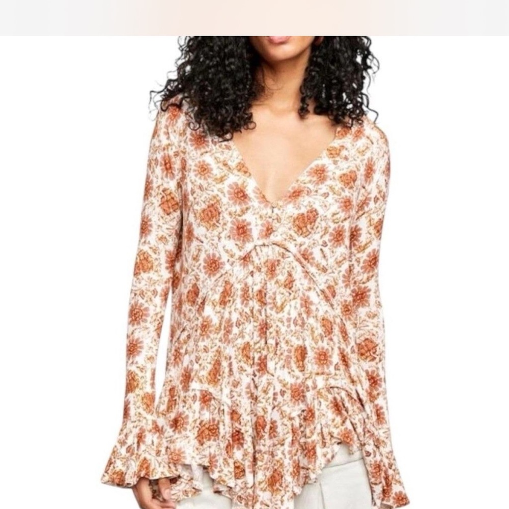Free People Olivia tunic rust Floral Blouse Boho XS